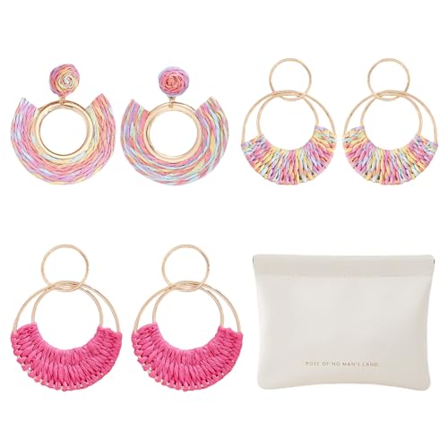 CRFASIBE 3 Paar Boho Rattan Ohrringe für Damen, Sommer Stroh Ohrringe, Hand Gewebte Raffia Ohrstecker, Strand Ohrhänger Set mit Geschenk-Tasche für Frauen Mädchens (Stil F) von CRFASIBE
