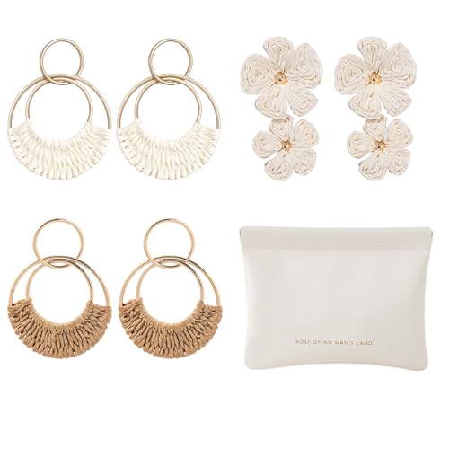 CRFASIBE 3 Paar Boho Rattan Ohrringe für Damen, Sommer Stroh Ohrringe, Weiß Blumenblatt Ohrstecker, Strand Ohrhänger Set mit Geschenk-Tasche für Frauen Mädchens (Stil D) von CRFASIBE