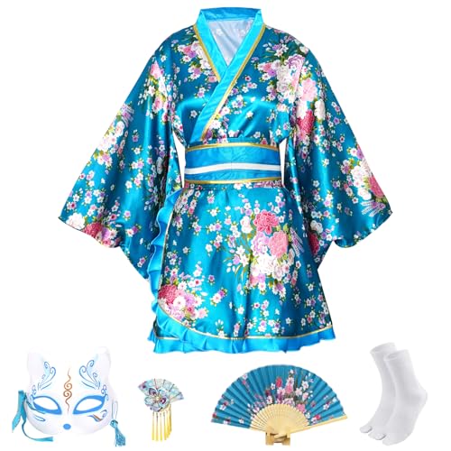 CRFASIBE 5 Stück Damen Kurzer Kimono Robe, Traditioneller Japanischer Sakura Print Kimono, Geisha Yukata Kleid Cosplay Kostüm Set mit Zubehör (Blau) von CRFASIBE