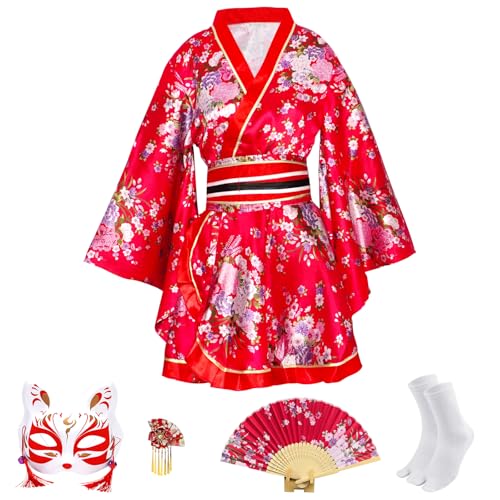 CRFASIBE 5 Stück Damen Kurzer Kimono Robe, Traditioneller Japanischer Sakura Print Kimono, Geisha Yukata Kleid Cosplay Kostüm Set mit Zubehör (Rot) von CRFASIBE