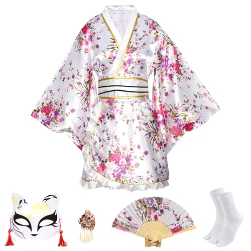 CRFASIBE 5 Stück Damen Kurzer Kimono Robe, Traditioneller Japanischer Sakura Print Kimono, Geisha Yukata Kleid Cosplay Kostüm Set mit Zubehör (Weiß) von CRFASIBE