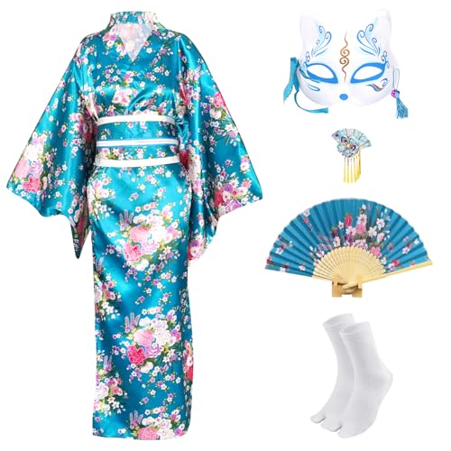 CRFASIBE 5 Stück Damen Lange Kimono Robe, Japanische Sakura Druck Kimono Morgenmäntel, Japanische Cosplay Kleid Kostüm Set mit Zubehör(Blau) von CRFASIBE