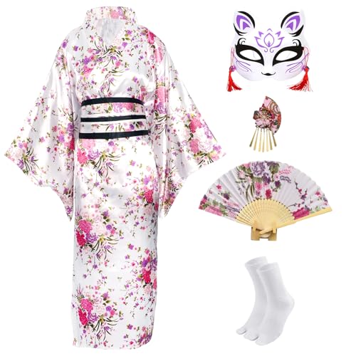 CRFASIBE 5 Stück Damen Lange Kimono Robe, Japanische Sakura Druck Kimono Morgenmäntel, Japanische Cosplay Kleid Kostüm Set mit Zubehör(Weiß) von CRFASIBE