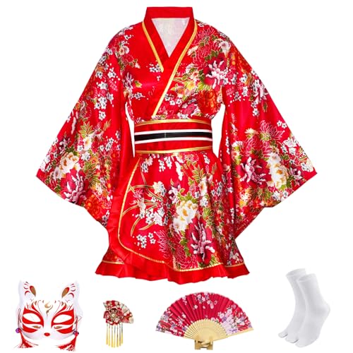 CRFASIBE 5PCS Damen Kurzer Kimono Robe, Traditioneller Japanischer Kimono mit Blumenmuster, Geisha Yukata Kleid Cosplay Kostüm Set mit Zubehör(Rot von CRFASIBE