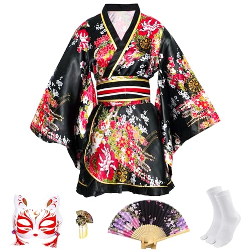 CRFASIBE 5PCS Damen Kurzer Kimono Robe, Traditioneller Japanischer Kimono mit Blumenmuster, Geisha Yukata Kleid Cosplay Kostüm Set mit Zubehör(Schwarz von CRFASIBE