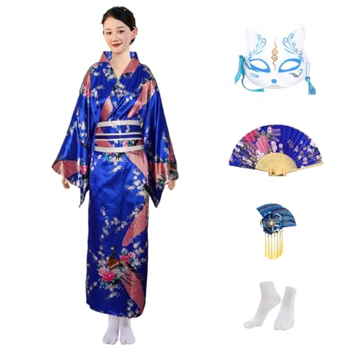 CRFASIBE 5 Stück Damen Lang Kimono Robe, Pfau Kimono Satin Bademantel, Japanisches Traditionelles Yukata Kleid Cosplay Kostüm Set für Fotografie(Dunkel Blau) von CRFASIBE