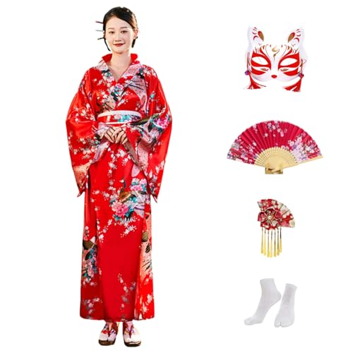 CRFASIBE 5 Stück Damen Lang Kimono Robe, Pfau Kimono Satin Bademantel, Japanisches Traditionelles Yukata Kleid Cosplay Kostüm Set für Fotografie(Rot) von CRFASIBE