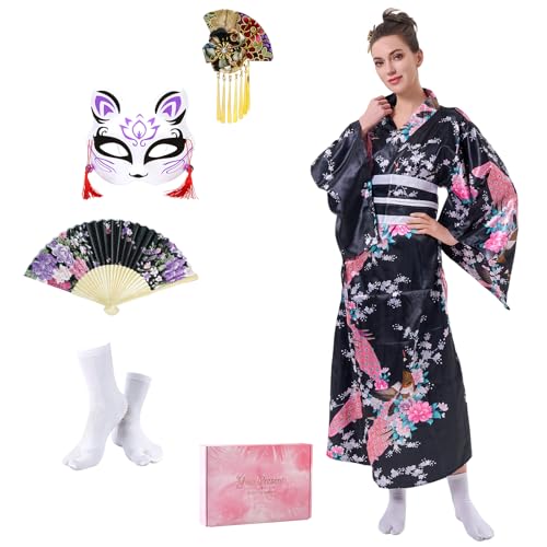 CRFASIBE 5 Stück Damen Lang Kimono Robe, Pfau Kimono Satin Bademantel, Japanisches Traditionelles Yukata Kleid Cosplay Kostüm Set für Fotografie(Schwarz) von CRFASIBE