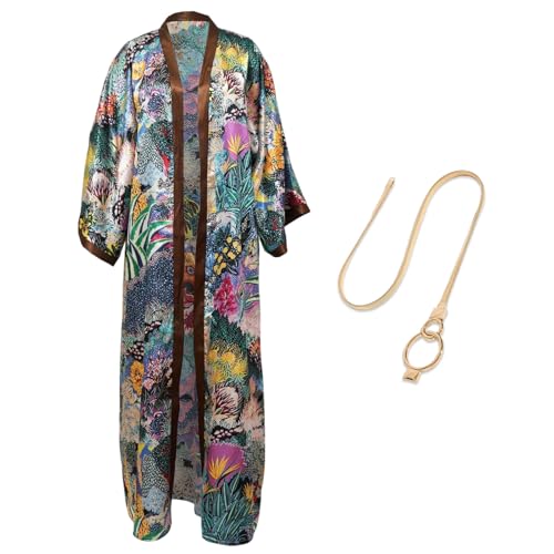 CRFASIBE Damen Strandkleid Lang, Damen Strand Kimono, Bikini Cover Up, Bohemian Morgenmantel Damen Lang, Floraler Kimono Cardigan mit Gürtel (Stil F) von CRFASIBE