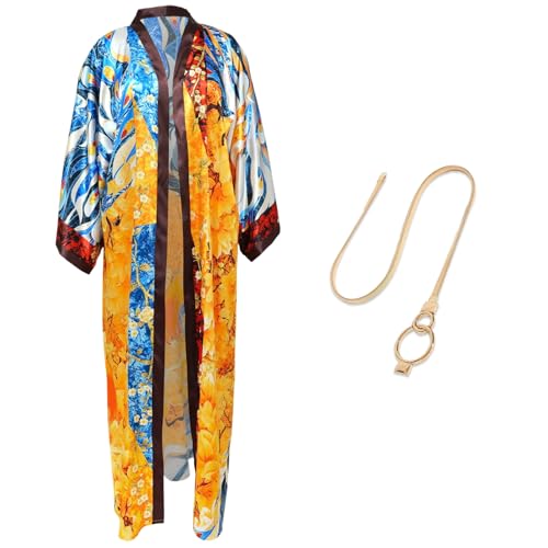 CRFASIBE Damen Strandkleid Lang, Frauen Strand Kimono, Bikini Cover Up, Bohemian Morgenmantel Damen Lang, Floraler Kimono Cardigan mit Gürtel (Stil H) von CRFASIBE