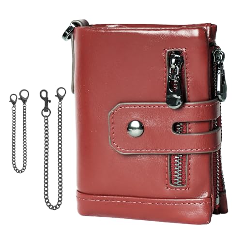 CRFASIBE Geldbörse Herren Leder mit Kette, RFID Schutz, Männer Geldbeutel mit 14 Kartenfächern und Reißverschluss Münztasche, Herren Portemonnaie mit Geschenkbox(Rot) von CRFASIBE