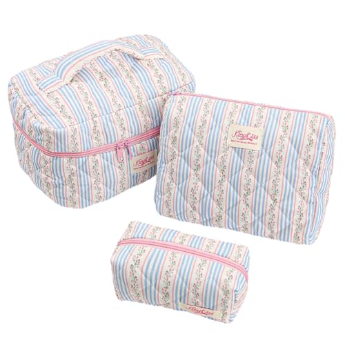 3pcs Frauen Baumwolle gestepptes Make -up -Taschen -Set -Reise -Toilettenbeutel (Blaue rosa Streifen) (Blaue und rosa Streifen) von CRGANGZY
