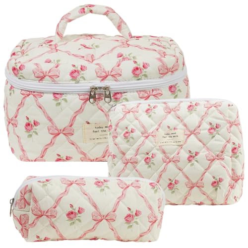 CRGANGZY 3-teiliges Make-up-Taschen-Set, Kosmetiktasche, großes Fassungsvermögen, gesteppt, tragbar, Kosmetiktasche, ästhetische Baumwolle for Outdoor-Reisen (Rosa) von CRGANGZY