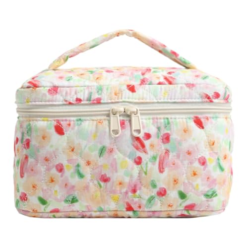 CRGANGZY Baumwoll Makeup Tasche,Reise Blumen Makeup Tasche,Coquette Gesteppte Makeup Tasche,große Florale Kulturtasche for Frauen ästhetische rosa Makeup Tasche Florale Kosmetiktasche von CRGANGZY