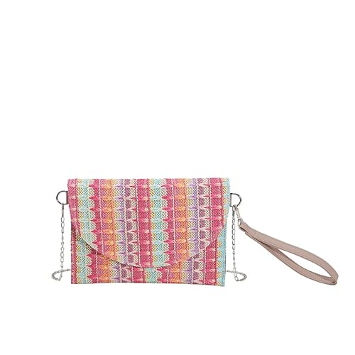 CRGANGZY Boho-Clutch-Geldbörse aus Stroh mit Kettenriemen, bunt gestreift, gewebt, Umschlag-Geldbörse, Umhängetasche, Handgelenktasche (Rosa) von CRGANGZY