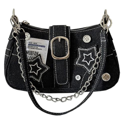 CRGANGZY Damen Casual Clutch Handtasche Große Kapazität Y2K Star Denim Unterarmtasche Mode Umhängetasche Einfarbig Chic Hobo Chain Bag von CRGANGZY