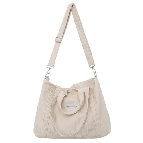 CRGANGZY Damen Cord-Hobo-Tasche mit Innentasche, Cord-Tragetaschen, weich, vielseitig, großes Fassungsvermögen, Einkaufs- und Arbeitstasche (weiß) von CRGANGZY