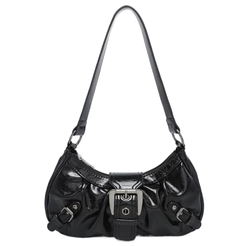 CRGANGZY Damen-Handtasche, Y2K-PU-Leder, halbmondförmige Tasche, plissierte Unterarm-Geldbörse, Magnetverschluss, Reißverschluss, Clutch, Geldbörse, Reise-Pendlertasche (schwarz) von CRGANGZY