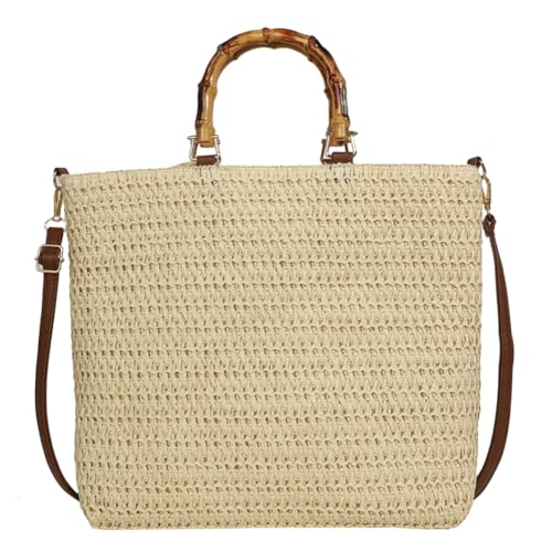 CRGANGZY Damen-Handtasche aus Stroh, handgewebt, Hobo-Tasche, großes Fassungsvermögen, stilvolle Umhängetasche mit Bambusgriff, Kordelzug für Party, Urlaub (Beige) von CRGANGZY