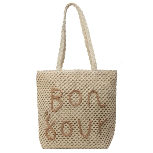 CRGANGZY Damen-Handtasche mit Buchstaben, große Kapazität, ausgehöhlte Handtasche, vielseitig, einfache Strohtasche, Sommer-Strand-Geldbörse (Beige) von CRGANGZY