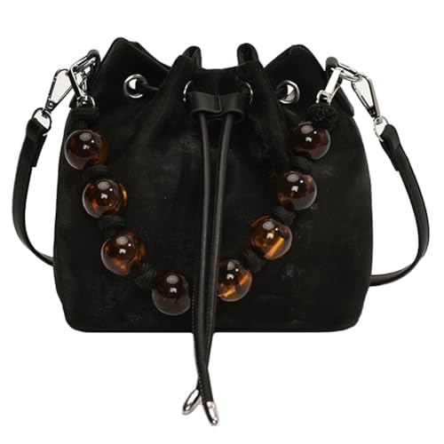 CRGANGZY Damen-Handtasche mit Perlenstickerei, großes Fassungsvermögen, PU-Beuteltasche mit Kordelzug, Leder-Umhängetasche, einfarbig, for Party, Urlaub (schwarz) von CRGANGZY