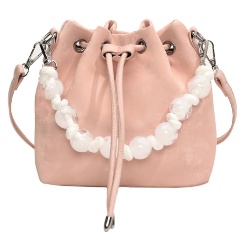 CRGANGZY Damen-Handtasche mit Perlenstickerei, großes Fassungsvermögen, PU-Beuteltasche mit Kordelzug, modische Umhängetasche, einfarbig, for Reisen im Freien (Rosa) von CRGANGZY