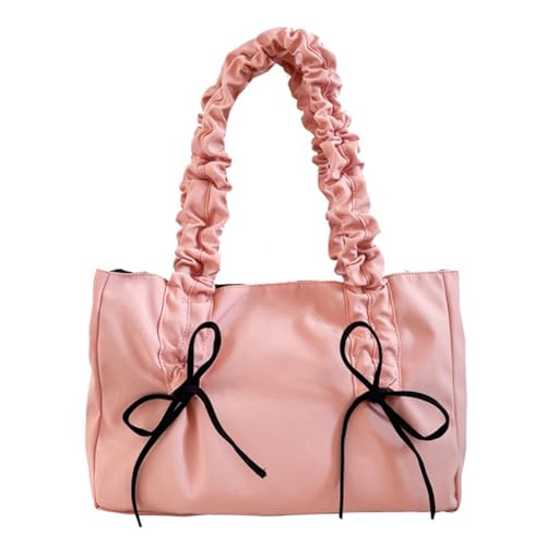 CRGANGZY Damen-Nylon-Tragetasche, einfache Einkaufstasche, großes Fassungsvermögen mit Schleife, trendige Messenger-Tasche, einfarbig, plissierter Schultergurt, tägliche Umhängetasche (Rosa) von CRGANGZY