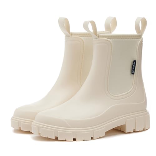 CRGANGZY Damen Regenstiefel mit Plüschfutter-Knöchel Regenschuhen Anti-Schlupf-Gartenschuhe Outdoor Arbeitsschuhe (39 Beige) von CRGANGZY