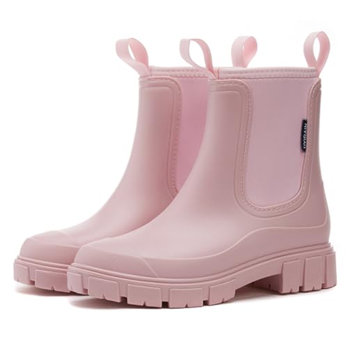 CRGANGZY Damen Regenstiefel mit Plüschfutter Regenstiefel Anti-Schlupf-Knöchel Regenschuhen - Outdoor Arbeitsschuhe (38 Pink) von CRGANGZY