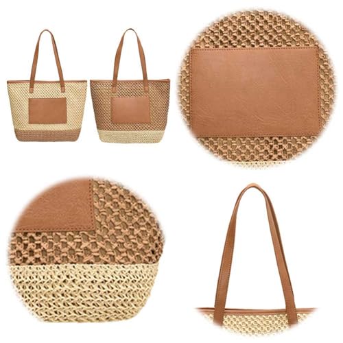 CRGANGZY Damen-Strandtasche aus Stroh, gehäkelt, PU-Patchwork, Boho-Sommertasche (Beige) von CRGANGZY