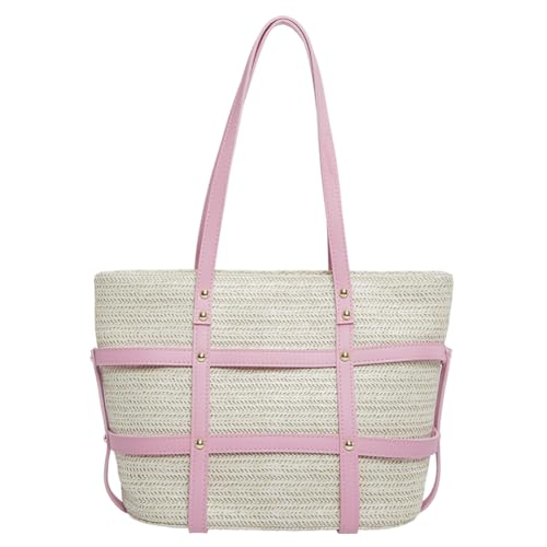 CRGANGZY Damen-Stroh-Tragetasche, PU-Patchwork, Häkel-Strandhandtasche, großes Fassungsvermögen, Weben, Reisetasche, Damen-Sommer-Tagestasche (Rosa) von CRGANGZY