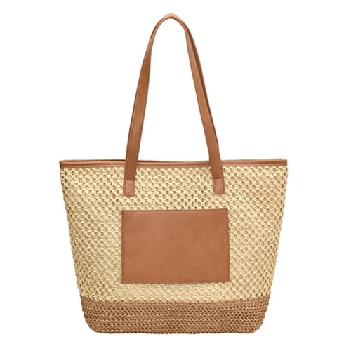 CRGANGZY Damen-Tragetasche aus Stroh, große Kapazität, gehäkelte Strandhandtasche, Kontrastfarbe, minimalistische Tragetasche, Damen-Sommer-Tagestasche (Beige) von CRGANGZY