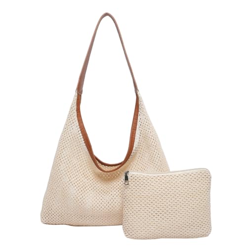 CRGANGZY Damen-Tragetasche aus Stroh, modische gewebte Handtasche, großes Fassungsvermögen, ausgehöhlte Strandtaschen mit kleinem Beutel, einfarbige Handtasche mit Griff oben (Khaki) von CRGANGZY