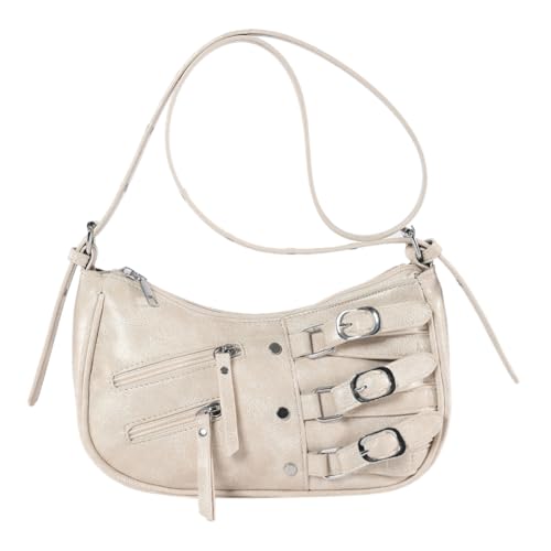 CRGANGZY Damen-Vintage-Umhängetasche, Retro-Umhängetasche, einfarbig, PU, ​​lässige Pendeltasche, verstellbarer Riemen, große Kapazität, Y2K-Halbmondtasche, tägliche Umhängetasche (Beige) von CRGANGZY