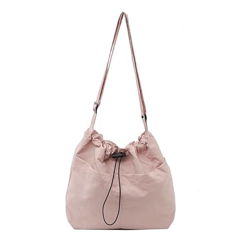 CRGANGZY Einfache Umhängetasche for Damen, großes Fassungsvermögen, Nylon-Beuteltasche mit Kordelzug, leichte Pendeltasche, verstellbarer Riemen, mehrere Taschen for Reisen im Freien (Rosa) von CRGANGZY