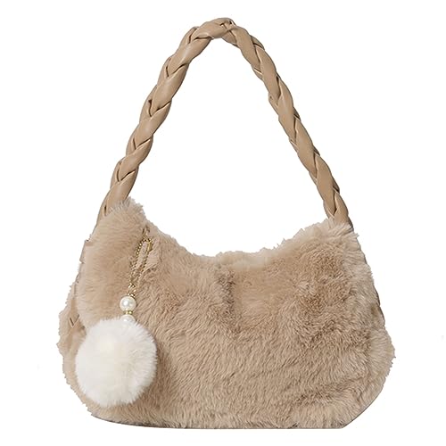 CRGANGZY Einfarbige Hobo-Tasche aus Kunstfell for Damen, Plüsch-Clutch, vielseitige, stilvolle Handgelenktasche, PU-Geflechtriemen mit flauschigem Perlenanhänger, Geschenke for Freunde (Khak von CRGANGZY