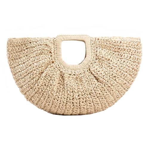 CRGANGZY Frauen Bohemia Moon Handtasche Große Kapazität Halbmond Stroh Handtasche Einfarbig Einfache Weberei Handgelenktasche Weibliche Tagestasche (Beige) von CRGANGZY