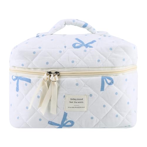 CRGANGZY Gesteppte Make-up-Tasche, süße Schleife, Reise-Make-up-Tasche, Make-up-Organizer, Aufbewahrungstasche for Frauen, täglicher Gebrauch und Reisen (blau, L) von CRGANGZY