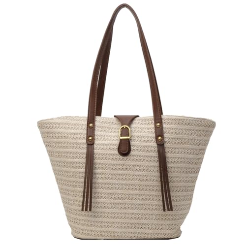 CRGANGZY Gewebte Tragetasche for Damen, modische gewebte Handtasche, großes Fassungsvermögen, gewebte Umhängetasche, lässige schicke Tasche mit Tragegriff oben for Reisen, Urlaub (Beige) von CRGANGZY