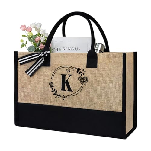 CRGANGZY Jute-Einkaufstasche for Damen, Sommer-Strandtasche, große Kapazität, stilvolle Pendeltasche mit Buchstaben, Leinen-Reisehandtasche for Lehrer, Freunde, Brautjungfern (K) von CRGANGZY