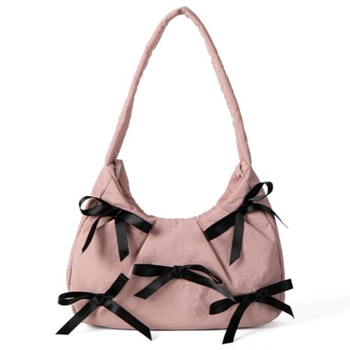 CRGANGZY Kleine Damen-Unterarmtasche mit Schleife, Freizeit-Achselhandtasche, Reißverschluss, Reise-Unterarm-Handtasche, Mädchen-Outdoor-Tagestasche (Rosa) von CRGANGZY