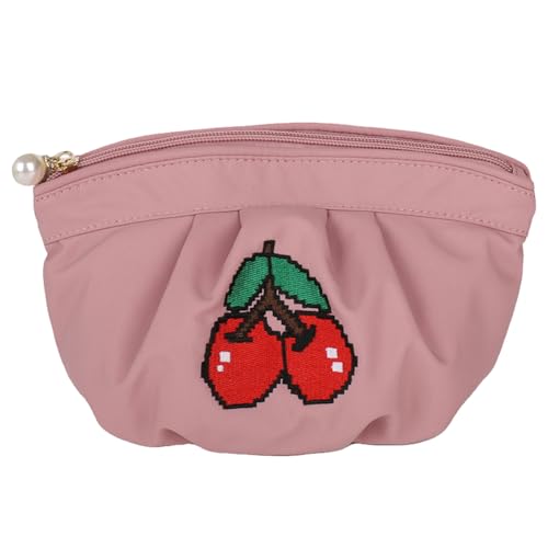 CRGANGZY Kleine Make-up-Tasche, Kirschen-Stickerei, Reise-Kosmetiktasche mit Reißverschluss, Make-up-Tasche, Make-up-Organizer-Tasche for Frauen, Reiseutensilien (Rosa) von CRGANGZY