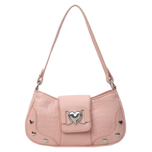 CRGANGZY Modische Umhängetasche for Damen, große Kapazität, Y2K-Herz-Unterarmtasche, lässige Clutch-Handtasche, einfarbig, PU, ​​einfache Pendeltasche (Rosa) von CRGANGZY