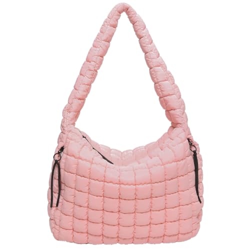 CRGANGZY Puffer-Umhängetasche für Damen, gepolsterte Hobo-Tasche, große Kapazität, leichte Umhängetasche, einfarbig, Reißverschluss für Party, Urlaub (Rosa) von CRGANGZY