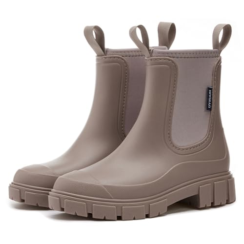 CRGANGZY-Regenstiefel for Frauen mit Plüschfutter Regenstiefeln wasserdichte Knöchel Regenschuhe Anti-Schlupf- for Outdoor (38 Hellbraun) von CRGANGZY