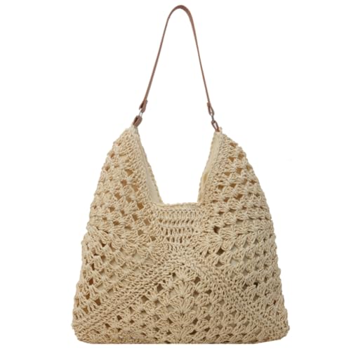 CRGANGZY Sommer-Strohtasche, ausgehöhlte Strand-Umhängetasche, einfarbig, Unterarmtasche, Urlaub, Reise, Handtasche, Boho-Umhängetasche for Damen (Beige) von CRGANGZY