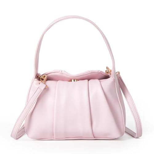 CRGANGZY Stilvolle Damen-Umhängetasche aus PU mit großer Kapazität, plissierte Tragetasche, einfarbig, elegante, gerüschte Handtasche, verstellbarer Riemen für Outdoor-Reisen (Rosa) von CRGANGZY