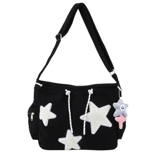 CRGANGZY Stilvolle Umhängetasche für Damen, großes Fassungsvermögen, Cord-Stern-Umhängetasche, modische Umhängetasche mit Seitentaschen und verstellbarem Riemen mit Anhänger für Teenager-Mäd von CRGANGZY