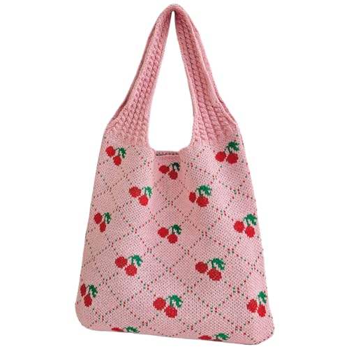 CRGANGZY Strick-Umhängetasche for Damen, Kirsche bedruckt, Häkel-Einkaufstasche, Kontrastfarbe, Reise-Einkaufshandtasche, Damen-Tageshandtasche (Rosa) von CRGANGZY