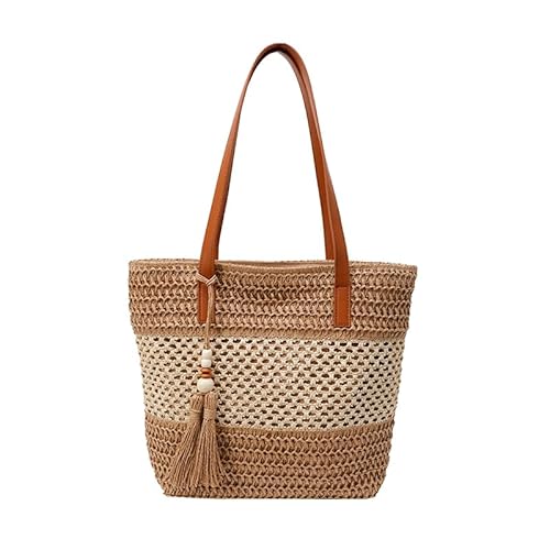 CRGANGZY Strohstrandtasche Sommerumhängetasche mit Reißverschluss gewebten Tragetasche Schulterbeutel for Frauenreisen Urlaub (Khaki) von CRGANGZY
